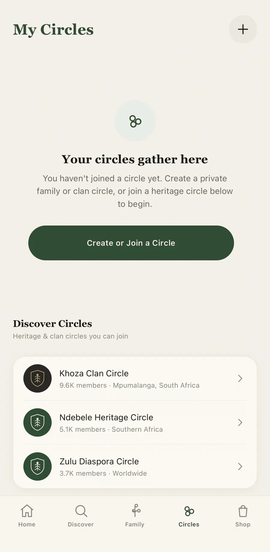 The Sibaya circles screen, showing private family circles and heritage clan circles to join.