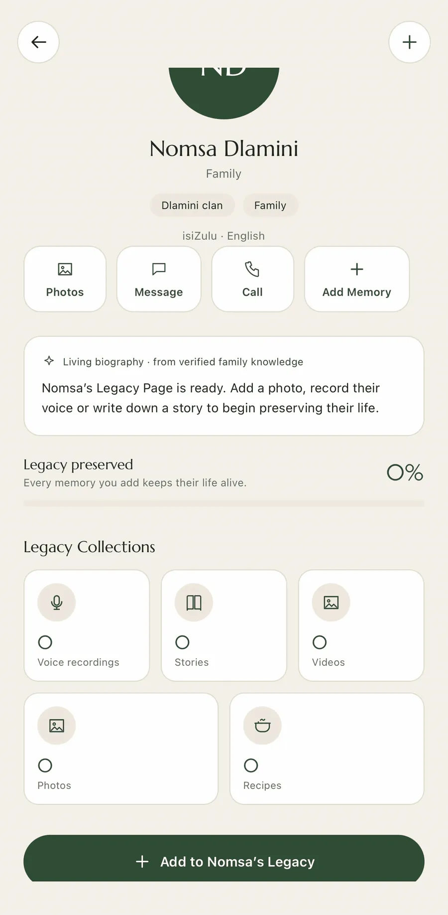 A Sibaya family member's legacy page, showing options to add photos, voice recordings, stories and recipes.