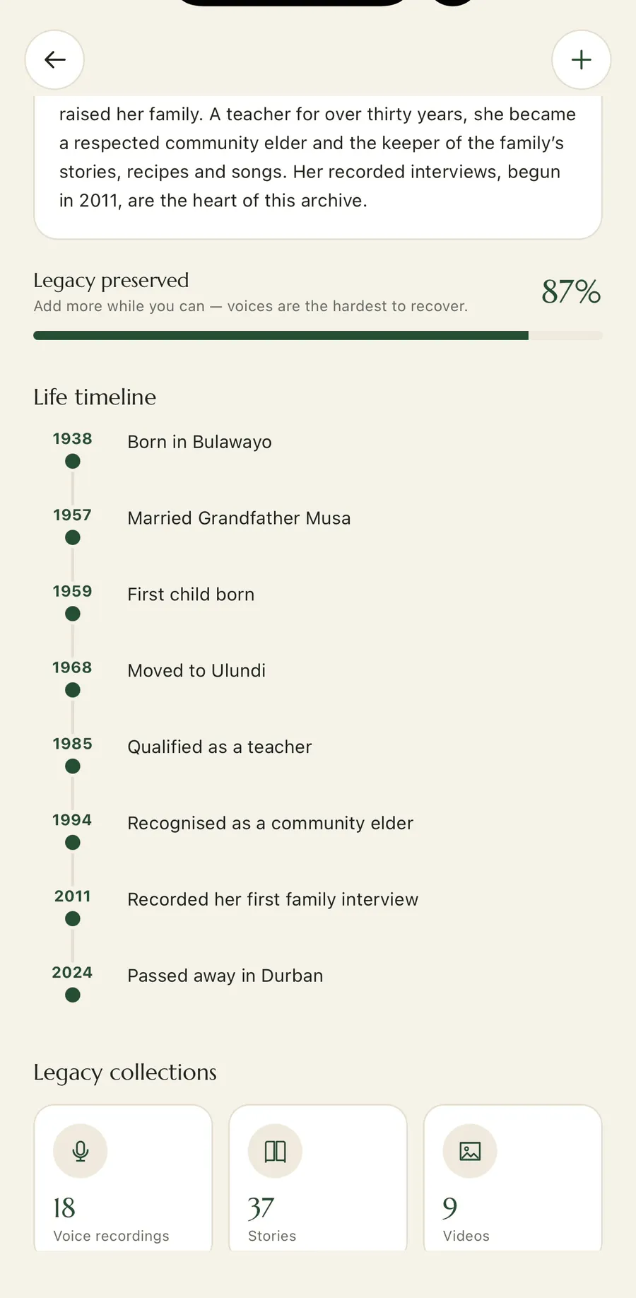 A Sibaya life timeline tracing key years in a grandmother's life alongside her recorded voice and stories.